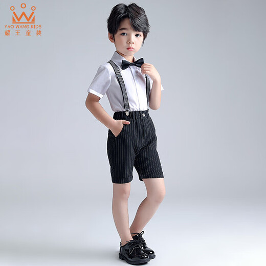 Ormondwei boys' dress children's shirt overalls suit flower girl suit chorus host piano performance suit LB20023 black four-piece suit 110