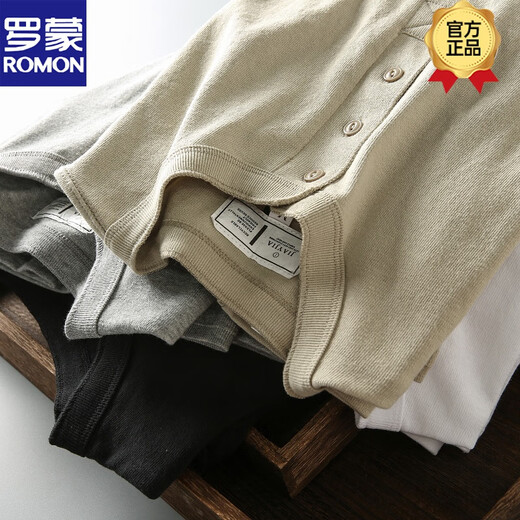 ROMON Spring and Autumn New American Casual Henley Shirt Men's Retro Simple Versatile Solid Color Daily Long Sleeve T-shirt Basement Gray XL