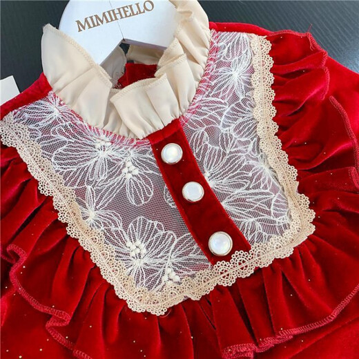 Xiaoqiao Fox 2026 winter new style girls red velvet dress children's velvet New Year's greetings girl princess skirt QQB red lace skirt velvet winter style 120