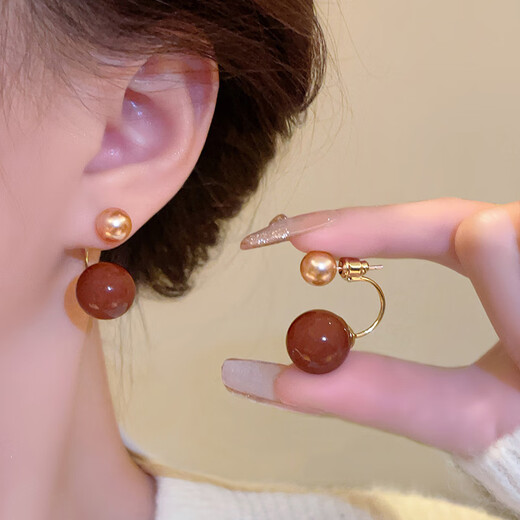 Idel Maillard Coffee Color Retro Contrast Color Ball Earrings Female Niche Design Two-Wear Earrings Light Luxury Earrings E3730 Maillard One Two-Wear Earrings