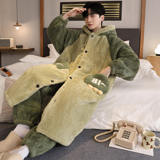 Teenage Love Story Men's Nightgown Autumn and Winter Plus Velvet Thickened Large Size Youth Coral Velvet Long Winter Cartoon Style Home Clothes Set 144N Dinosaur Robe + Pants XL Male 135-158Jin Jin is equal to 0.5 kg
