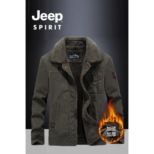 JEEP SPIRIT Cotton Velvet Jacket Men's 2025 Winter Lamb Velvet Cotton Clothes Men's Work Jacket Army Green 3166-Autumn and Winter Plus Velvet 3XL