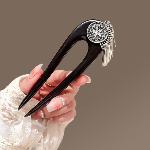 Bai Shilin's new Chinese style flower double inserted U-shaped hairpin for women, antique black sandalwood tassel hairpin 520 Valentine's Day gift for girlfriend, hairpin + exquisite gift box