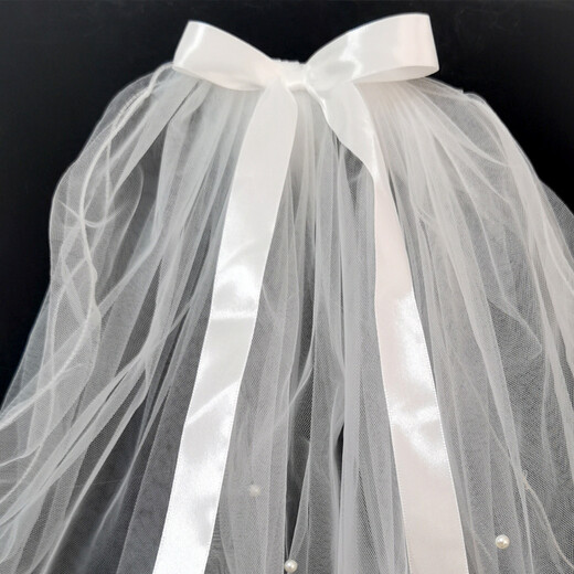 Lingmeng Korean style pearl bow veil, children's stage catwalk style headwear, parent-child veil photo props 1 piece, children's ribbon bow curling and beads 40-50