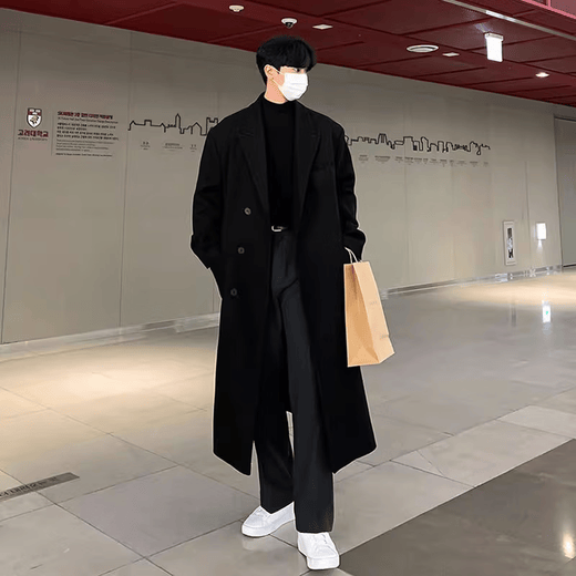 OEMG autumn and winter high street retro mid-length woolen coat men's knee-length windbreaker British thickened handsome woolen coat khaki-cotton L recommended 100-110Jin Jin equals 0.5 kg