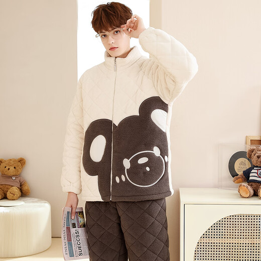 Fenten couple's pajamas autumn and winter quilted plus velvet stand-up collar anti-static long-sleeved pajamas set cartoon bear home clothes off-white-men's XL