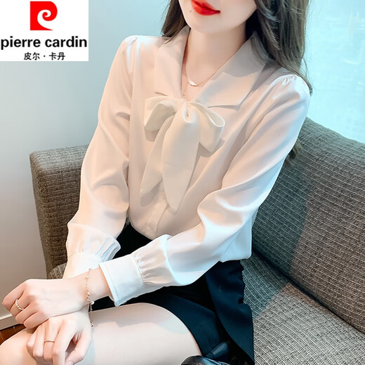 Pierre Cardin Mulberry Silk Long Sleeve Shirt Women's Spring and Autumn New Bow Retro Fashion Style Shirt High-end Silk Top White L 106-115Jin Jin equals 0.5 kg