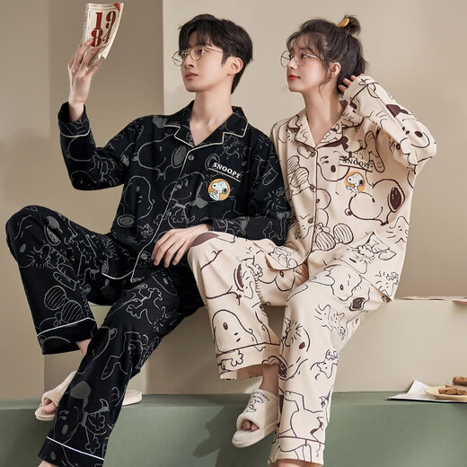 俊俊穗迪美（JUNJUNSUIDIMEI）2套价 情侣睡衣女长袖春秋季薄款纯棉卡通女士男士开衫家居服套装 长-GEY-757 M 女+男XL