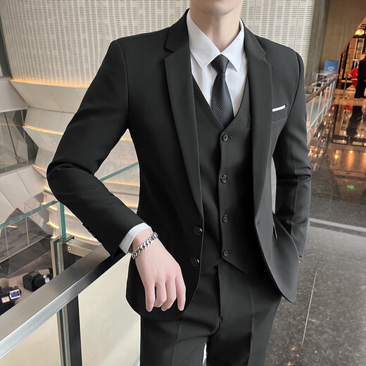 Woodpecker (Tucano) Suit Men's Business Casual Suit Slim Suit Professional Traje pequeño Vestido de novia para hombres Men 533 Black Doble Button (traje + camisa + chaleco + pantalones XL 175 [110-125Jin [Jin equivale a 0.5 kg]]]