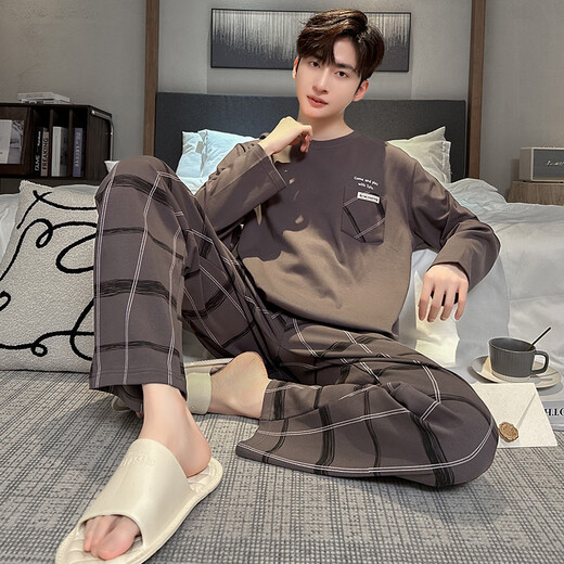 Langsha pajamas men's spring and autumn pure cotton long-sleeved trousers casual large size winter can be worn outside boys' home clothes set