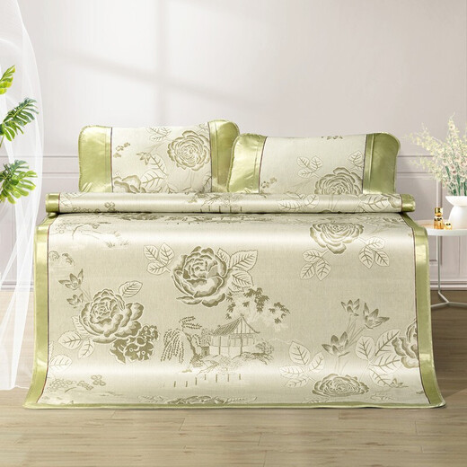 Fuanna Home Textiles Summer Mat Air-conditioned Room Ice Silk Mat Summer Foldable Anti-Slip Strap Mat Huaying-Green 1.5*2 meters (mat*1+pillowcase*2)