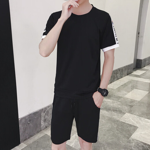 (Two-piece set) 2019 new men's short-sleeved t-shirt Korean style casual five-point casual shorts suit for teenagers and students handsome set of clothes summer dress black XL