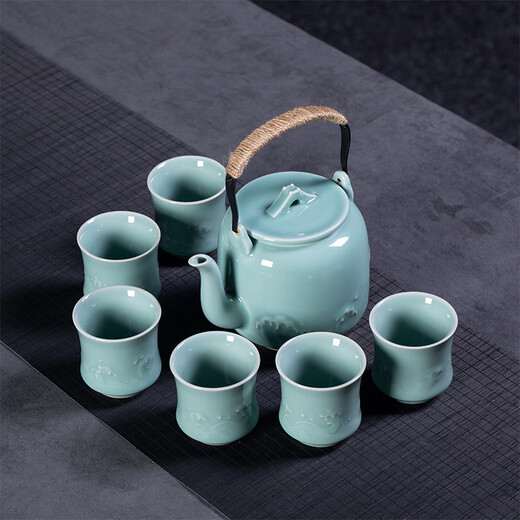 Longquan celadon large-capacity teapot teacup household one pot six-cup ceramic Kung Fu tea set gift box Diyao Tianqing including gift box