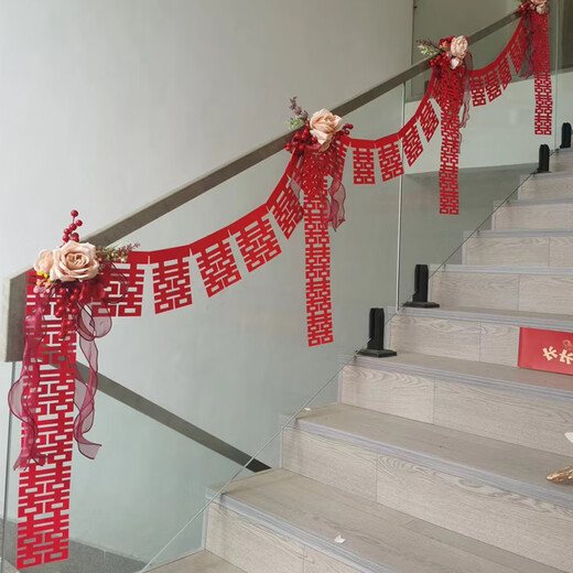 MPPMCK结婚楼梯扶手装饰婚礼婚房置场景结蜂窝球立柱挂饰婚庆拉花 B3892-大红料4米