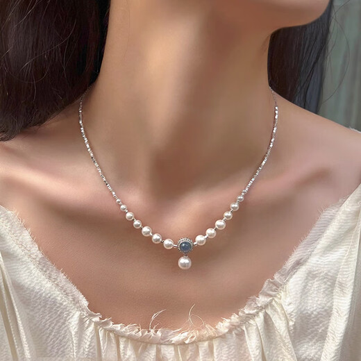 JALLOO Shijia Pearl Necklace Young Women's High-end Light Luxury Pendant Jewelry Female Birthday Gift for Girlfriend Broken Silver Shijia Beads Pearl Aquamarine Necklace