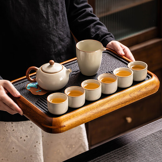 Craftsman's Tea Tray Black Gold Magnet Dry Infusion Tray Household High-end Rosewood Frame Tea Table Office Tea Set Tray Black Gold Magnet Painted Mountain Bird Walnut Tea Tray 40cm