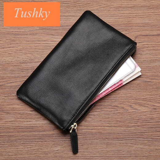 Tushky Handtasche Herren 2025 Neues echtes Leder weiche Leder Herren Brieftasche Langes Reißverschluss Business Casual Top Layer Cowide Mobiltelefon Beutel Schwarz große Größe