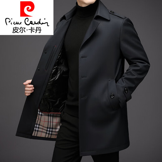 皮尔卡丹（pierre cardin）英伦风风衣男中长款秋冬季加厚羽绒内胆商务休闲翻领保暖大码外套 藏青色 XL 180