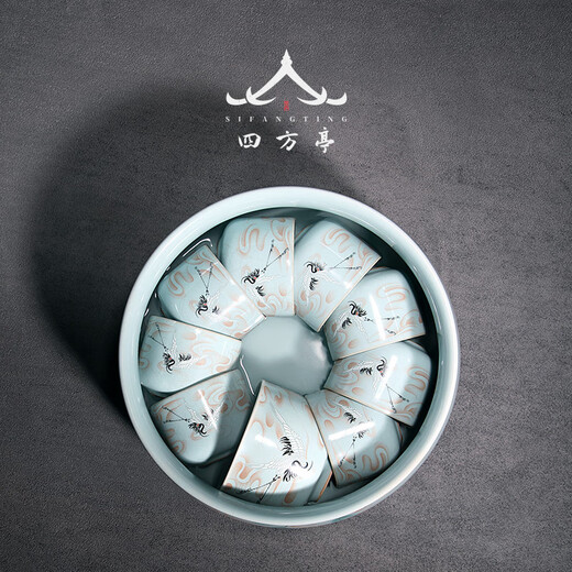 Sifangting Ru kiln tea set Jingdezhen high-end household kung fu covered bowl Chinese style high-end teapot light luxury complete gift box 16-head large set-leather gift box