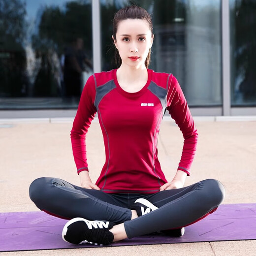 Sporn yoga clothing long-sleeved women's autumn and winter tops large size high-end and beautiful Pilates fitness clothing sports suit training clothes maroon single top L (100-120Jin Jin equals 0.5 kg)