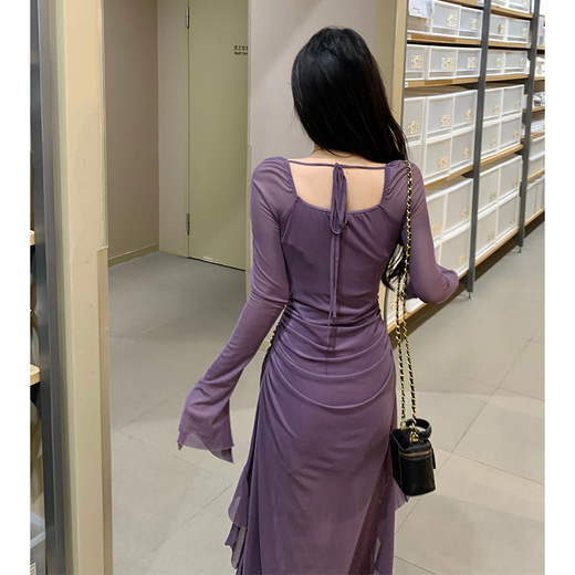 西儿气质辣妹风绝绝紫方领连衣裙女荷叶边拼接显瘦开叉气质包臀长裙 紫色连衣裙 L