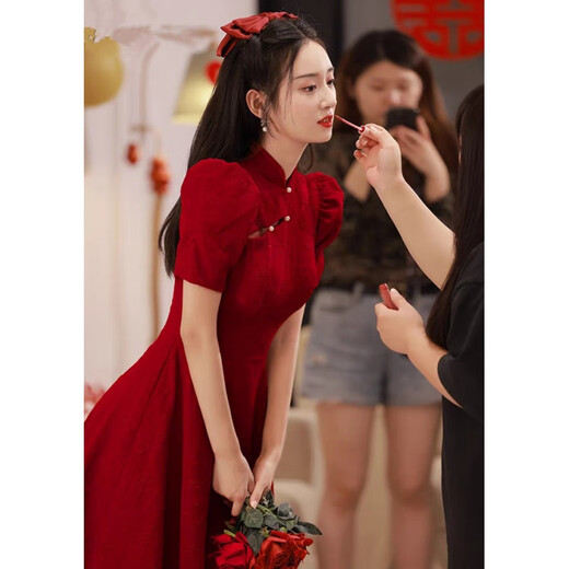 Lisaft 2025 Spring Autumn and Winter New Women's Dress Temperament Chinese Cheongsam Red Toast Dress Long Sleeve Dress S 85-98Jin Jin is equal to 0.5 kg