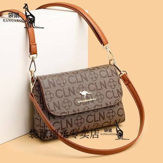 Kangaroo Brand Genuine Leather Women's Bag 2024 New Fashionable Middle-aged Mom Casual Bag Shoulder Crossbody Small Square Bag KJ Brown-With Clutch JD