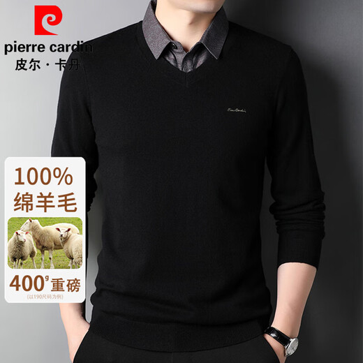 皮尔卡丹纯羊毛衫男士衬衫领假两件针织衫秋冬季100%羊毛线衣中年保暖毛衣