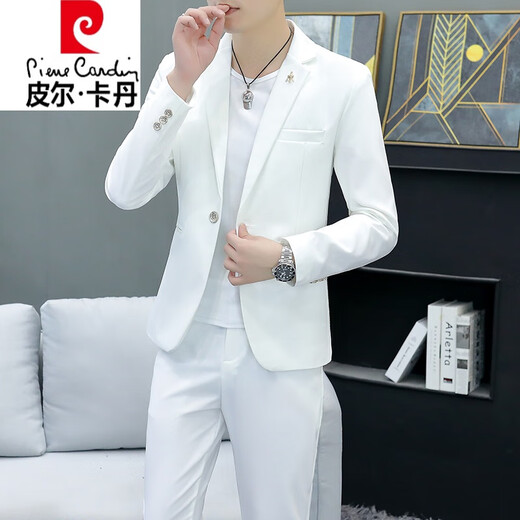 Pierre Cardin Korean style casual spring and autumn suit men's slim business formal suit groom handsome British casual small suit for men white - velvet thickened (three-piece suit - top + pants 4XL 165-175Jin Jin equals 0.5 kg