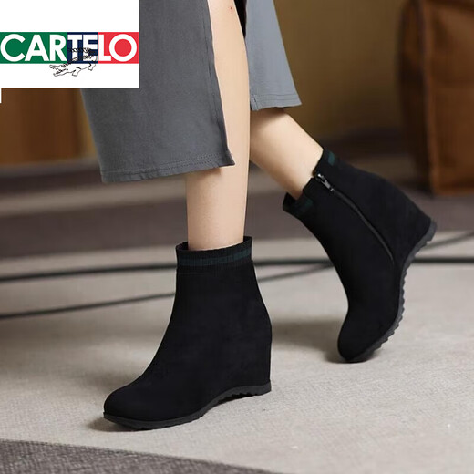 CARTELO Women's Boots Mid-calf Boots Women's Autumn and Winter Increased Mid-Heel Martin Boots Black 414243 Wedge Large Size Short Boots Women's Shoes Black Green Velvet Lining 37