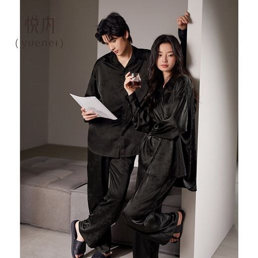 Yuenei couple pajamas for women spring and summer ice silk long-sleeved home clothes for men spring and autumn black high-end suit 32014 ink dyed black men's L (male 110-140 Jin Jin equals 0.5 kg / female 110-120 Jin Jin equals 0.5 kg)