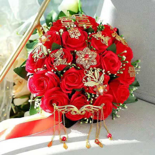 米黛蕾手捧花结婚diy感 结婚捧花仿玫瑰花韩式婚礼花束婚纱照拍摄 24朵酒红
