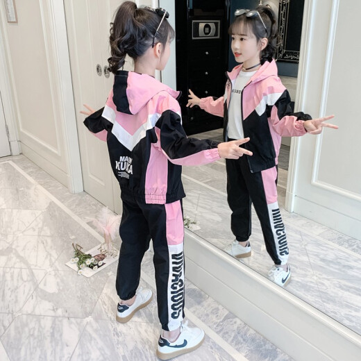 Shangbi Cool Children's Clothing Girls Autumn Clothing Set 2022 New Children's Jackets, Sweaters and Pants Three-piece Set for Medium and Large Children Spring and Autumn Little Girls Sports Clothes Two-piece Set 3-15 Years Old Two-piece Set Pink 150 Sizes [Recommended height is about 1.4 meters]