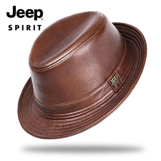 JEEP SPIRIT genuine leather top hat men's retro casual British jazz hat middle-aged and elderly father's hat cowhide beach hat old man hat dark brown medium size XL (57-58cm) adjustable