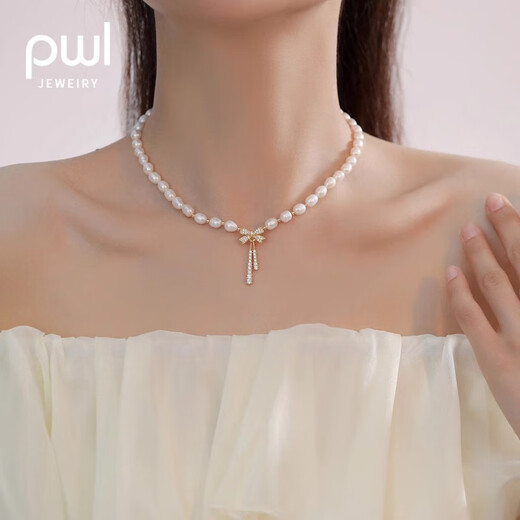 PWL Baroque Freshwater Pearl Bow Necklace Women's French Necklace Light Luxury Versatile Clavicle Chain 2025 New Accessories Bow Freshwater Pearl Necklace