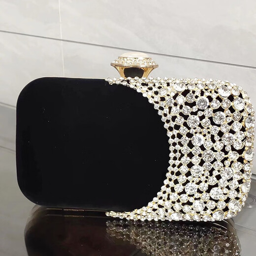 SICECD light luxury brand high-end handbag women's dinner bag small bag banquet rhinestone hand holding Xi mother-in-law's special bag to wear matching flag black suede