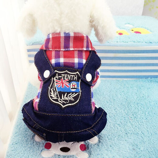 GongDu Dog Cat Pet Clothing Supplies Plaid British Four-Leg Instep Denim Clothing Four-Leg Plaid Denim Red XS