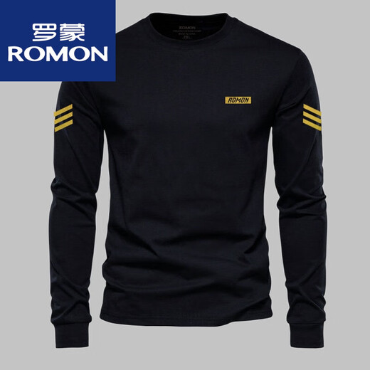 ROMON Men's Cotton Long Sleeve T-Shirt Round Neck Autumn Drawstring Bottoming Shirt Trendy Printed Young and Middle-aged Slim Fit 6022 Black Spring and Autumn Style L 120-140Jin Jin is equal to 0.5 kg