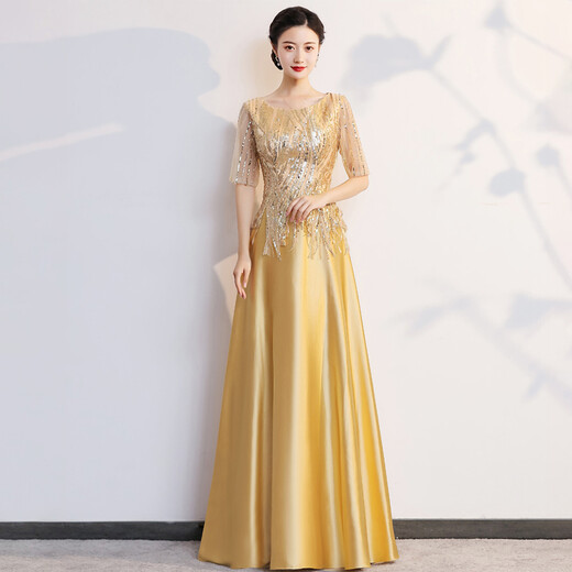 Pugos New Cantata Performance Clothing Women's Group Long Skirt Stage Chorus Clothing Student Host Poetry Recitation Evening Dress Champagne Color Middle-aged and Elderly Chorus Clothing XL
