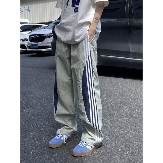 NASAWASSUP裤子男春夏季潮牌痞帅宽松阔腿休闲长裤三条杠薄款速干抽绳束脚裤 豆绿色K82-HM L 【建议100-120斤】