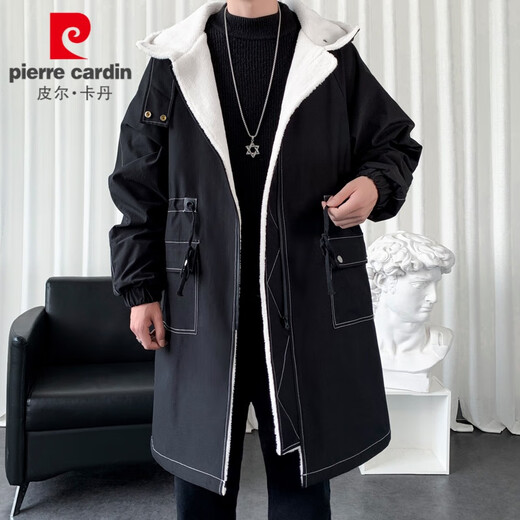 Pierre Cardin (pierre cardin) windbreaker jacket men's high-end spring and autumn mid-length British coat trendy brand hooded Korean style casual jacket black plus velvet L 120 to 150 Jin Jin equals 0.5 kg can be worn