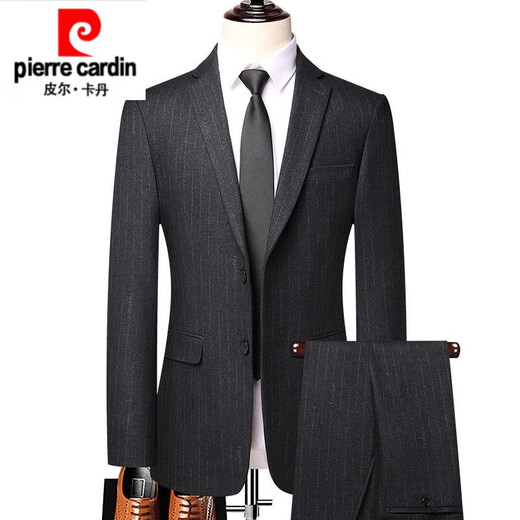 Pierre Cardin high-end autumn and winter wool suit suit men's groom striped suit men's slim business formal suit wedding wedding thick black gray M
