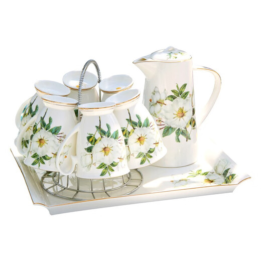 Household water cup set bone china cup set European emerald water set light luxury tea cup living room drinking cup camellia water set 8 pieces (6 cups 1 pot 1 shelf)
