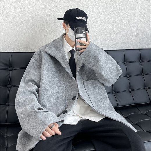 Jufeng oversize retro woolen coat men's short autumn and winter style double-breasted trendy fat people loose handsome coat men N8181 black M 90-110Jin Jin equal to 0.5 kg can be worn