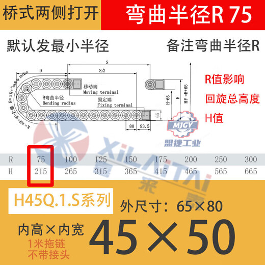 Plastic nylon tank chain H45Q.1.S 45*50*60*75*90*100*117 bending radius 75 100 125