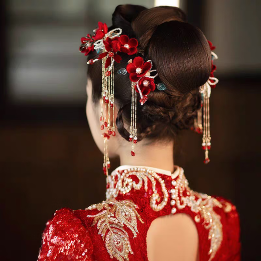 Shengli Chinese style bridal ancient costume hair accessories headdress wedding Xiuhe suit burgundy velvet flowers fresh classical wedding accessories hair accessories set