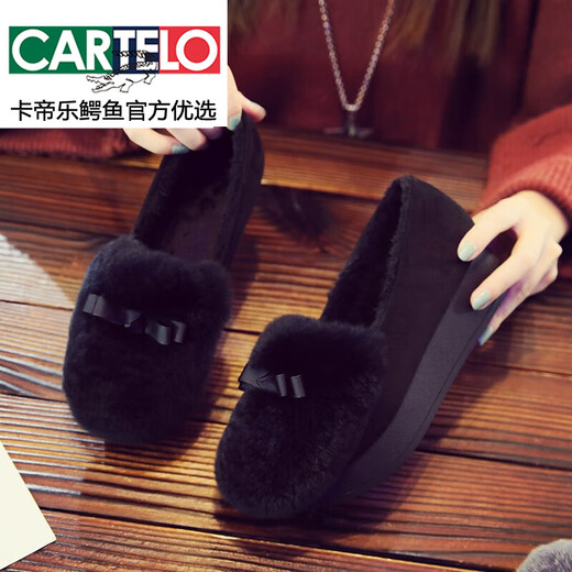 CARTELO Autumn and Winter Korean Style Wedge Rabbit Fur Shoes Medium Heel Bean Shoes Women's Bow Tie Loafers Plus Velvet Thick-soled Fur Shoes for Outerwear 1813 Black 34