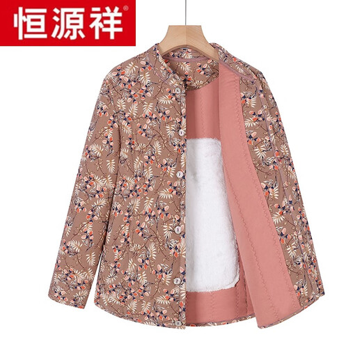 Hengyuanxiang Mom's winter velvet thickened camel hair cotton-padded jacket for women, cold-resistant and warm for middle-aged and elderly people, colorful camel hair cotton-padded jacket, Khaki flower (color 1) 4XL recommended 120-140Jin Jin equals 0.5 kg