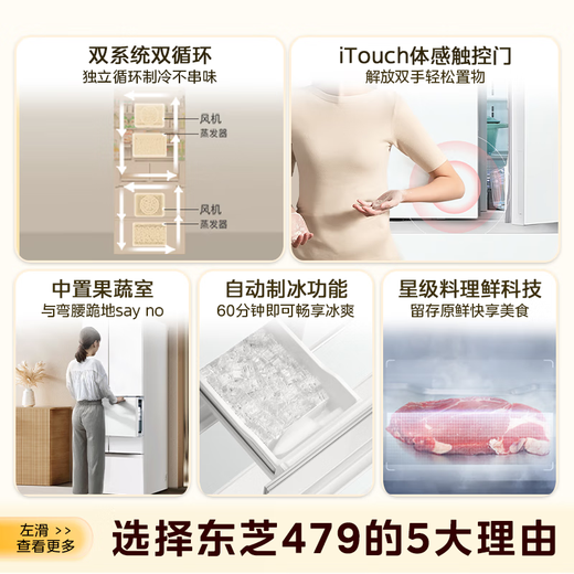 TOSHIBA Dabai Peach 479 Japanese-style multi-door dual-system circulation first-level energy-efficiency frequency conversion ultra-thin embedded automatic ice making and sterilization air-cooled and frost-free state-subsidized household refrigerator GR-RM479WE-PG1B3 Fuji White