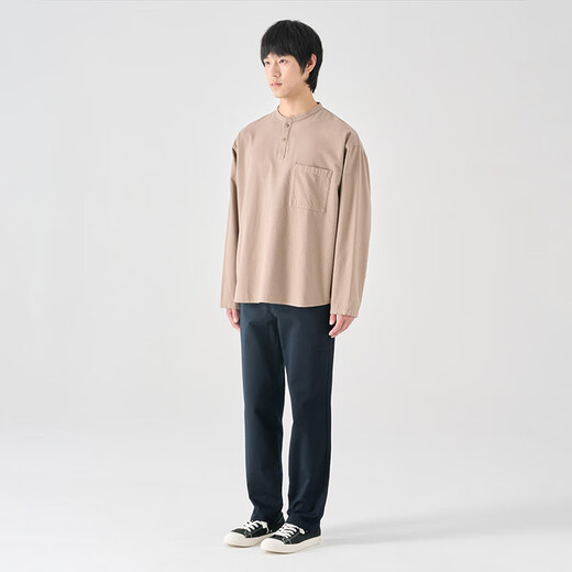 MUJI men's flannel henley collar shirt long-sleeved casual all-match shirt men's t-shirt AC08CC3A light gray brown M(170/92A)